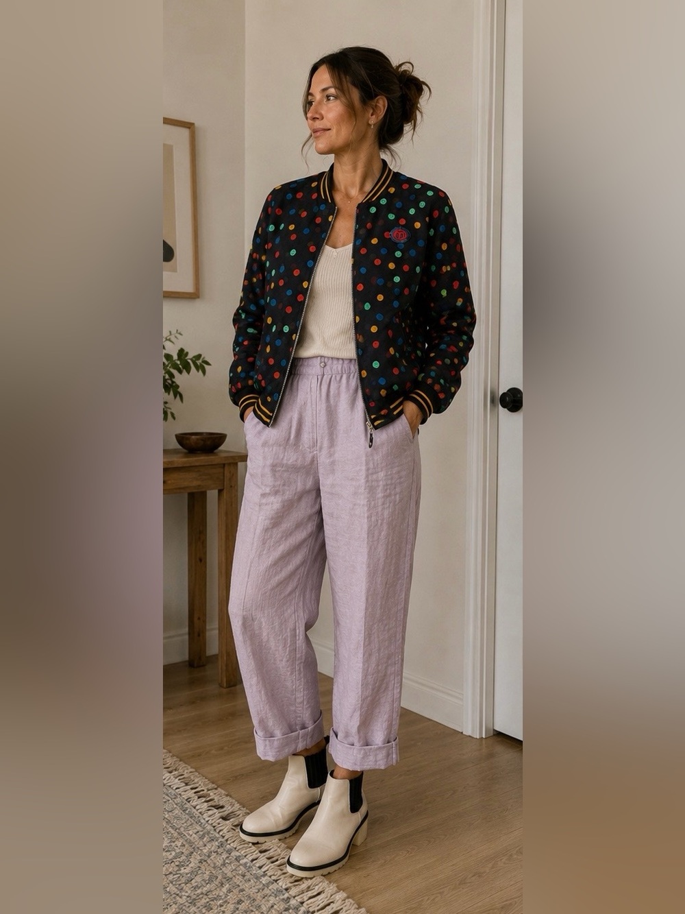Black Polka Dot Bomber Jacket with Multicolor Dots